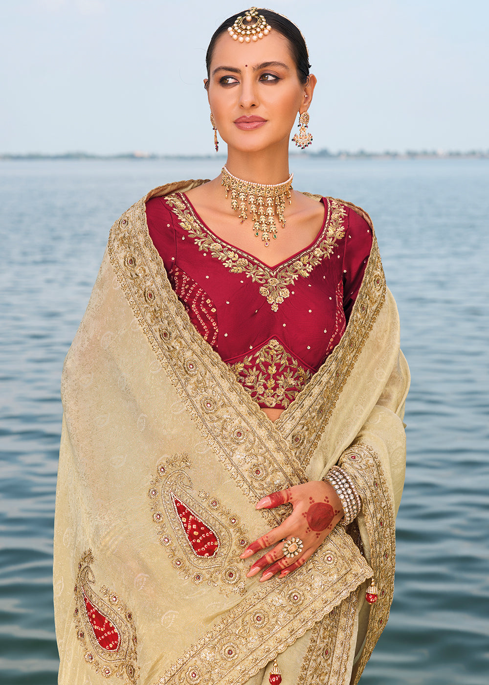 Light Brown Crepe Silk Saree with Intricate Zari,Cut-Dana,Mirror and Zardosi Embellishments