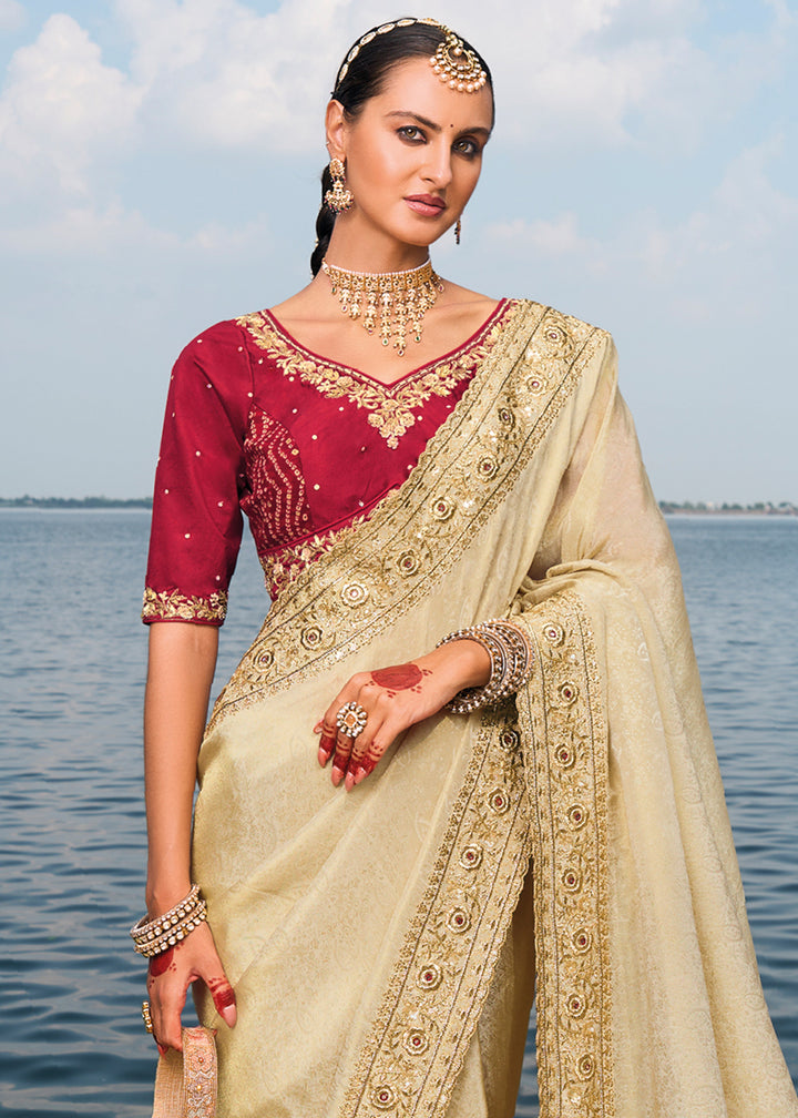 Light Brown Crepe Silk Saree with Intricate Zari,Cut-Dana,Mirror and Zardosi Embellishments