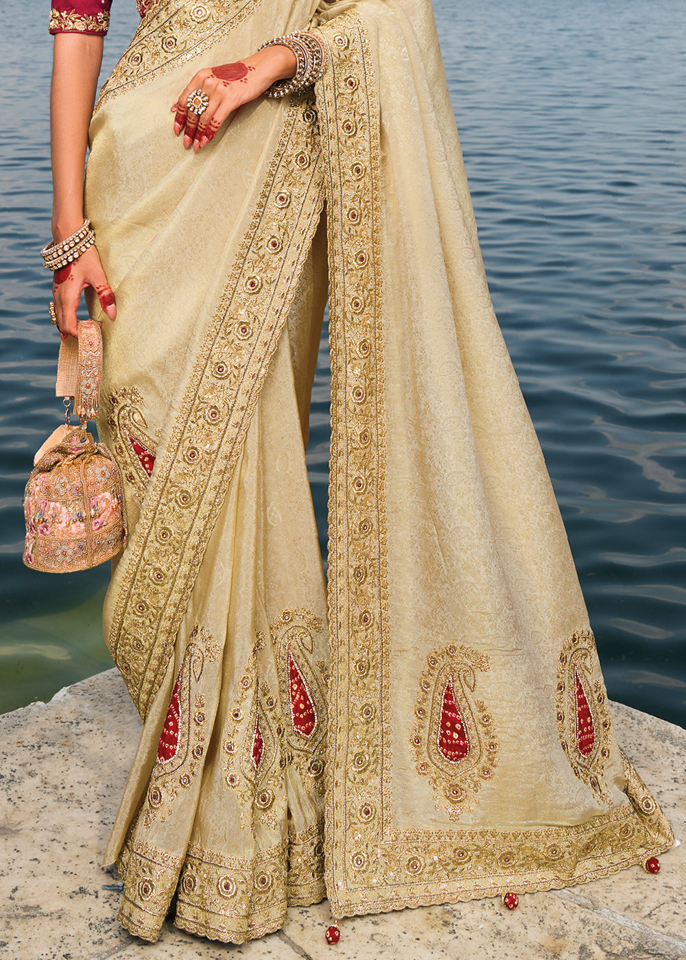 Light Brown Crepe Silk Saree with Intricate Zari,Cut-Dana,Mirror and Zardosi Embellishments