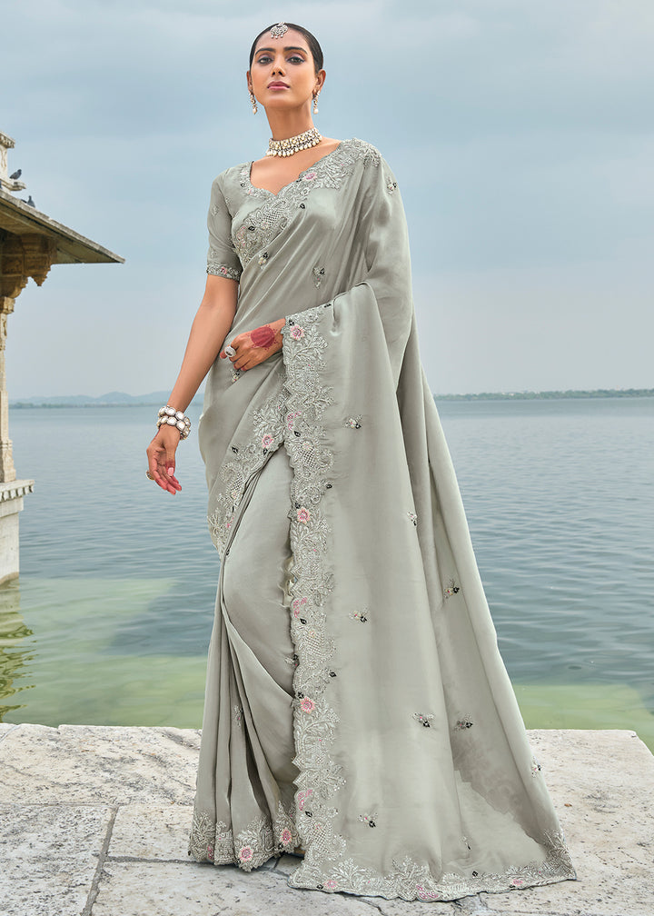 Dove Grey Banarasi Silk Saree with Intricate Cut-Dana,Thread, Moti and Zarkan Embellishments