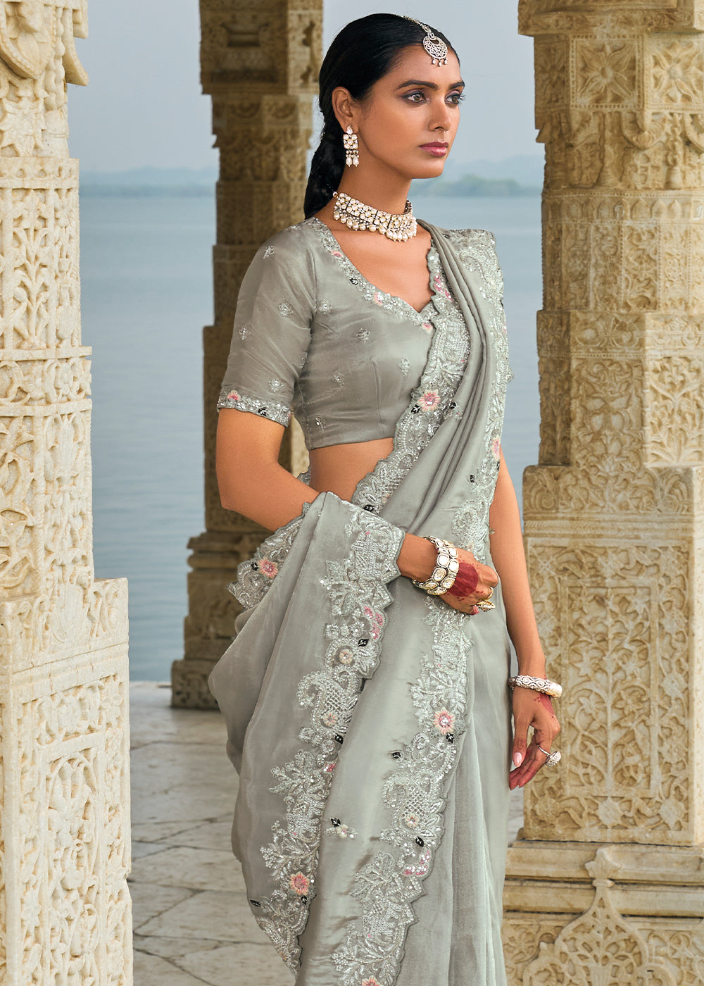 Dove Grey Banarasi Silk Saree with Intricate Cut-Dana,Thread, Moti and Zarkan Embellishments