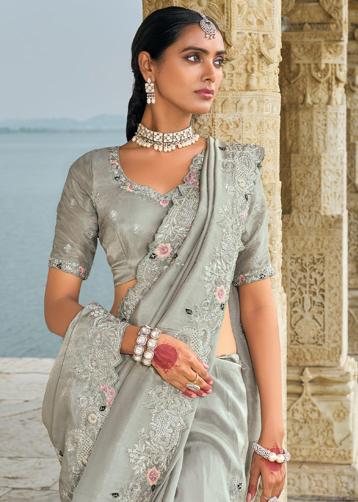 Dove Grey Banarasi Silk Saree with Intricate Cut-Dana,Thread, Moti and Zarkan Embellishments