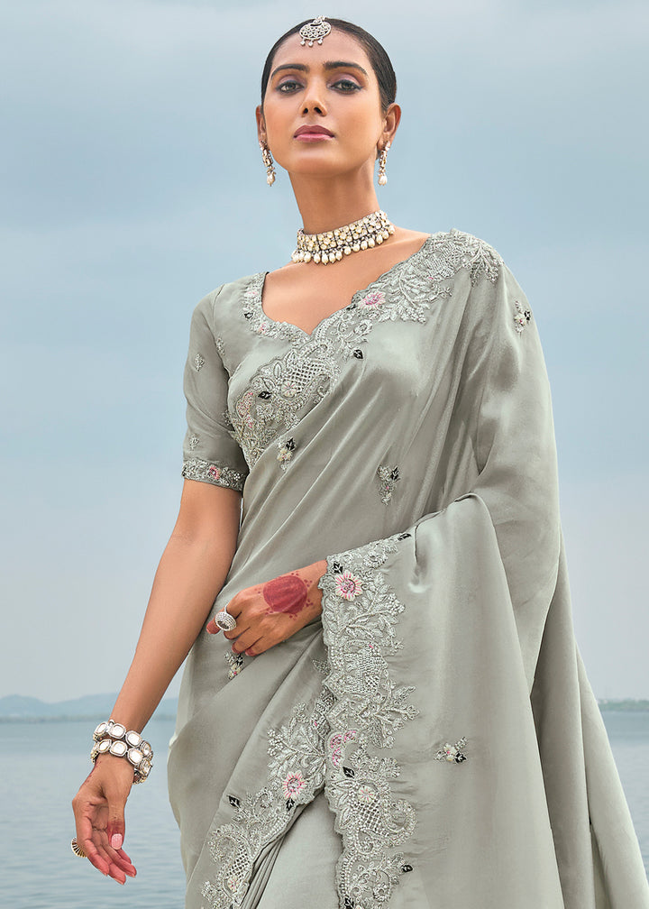 Dove Grey Banarasi Silk Saree with Intricate Cut-Dana,Thread, Moti and Zarkan Embellishments