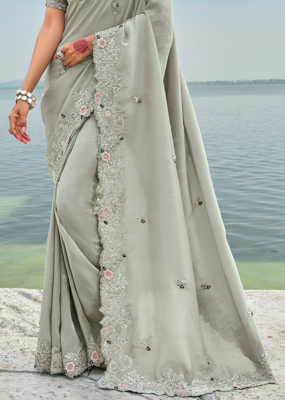 Dove Grey Banarasi Silk Saree with Intricate Cut-Dana,Thread, Moti and Zarkan Embellishments