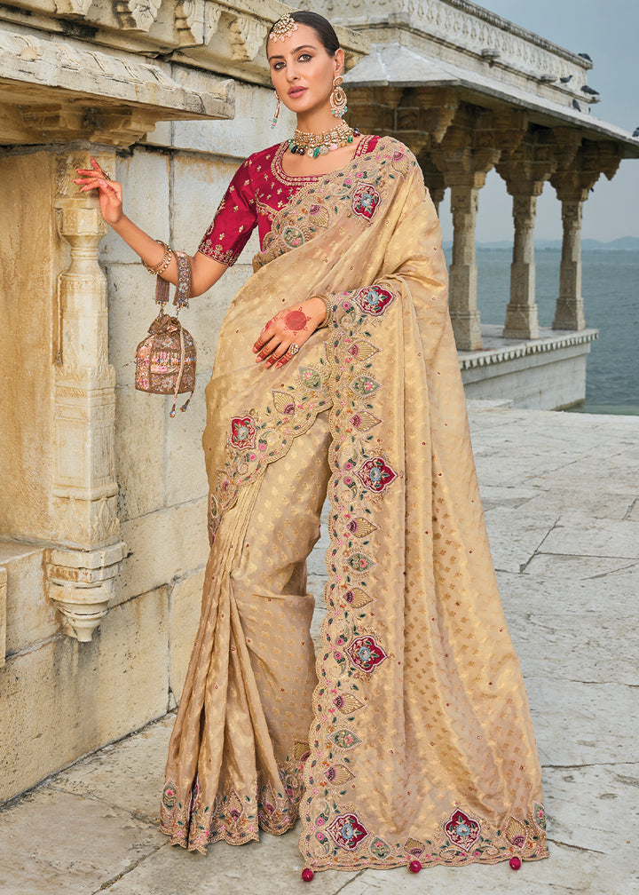 Light Chiku Brown kanjivaram Silk Saree with Intricate Zari,Thread,Cut-Dana, Moti and Zarkan Embellishments