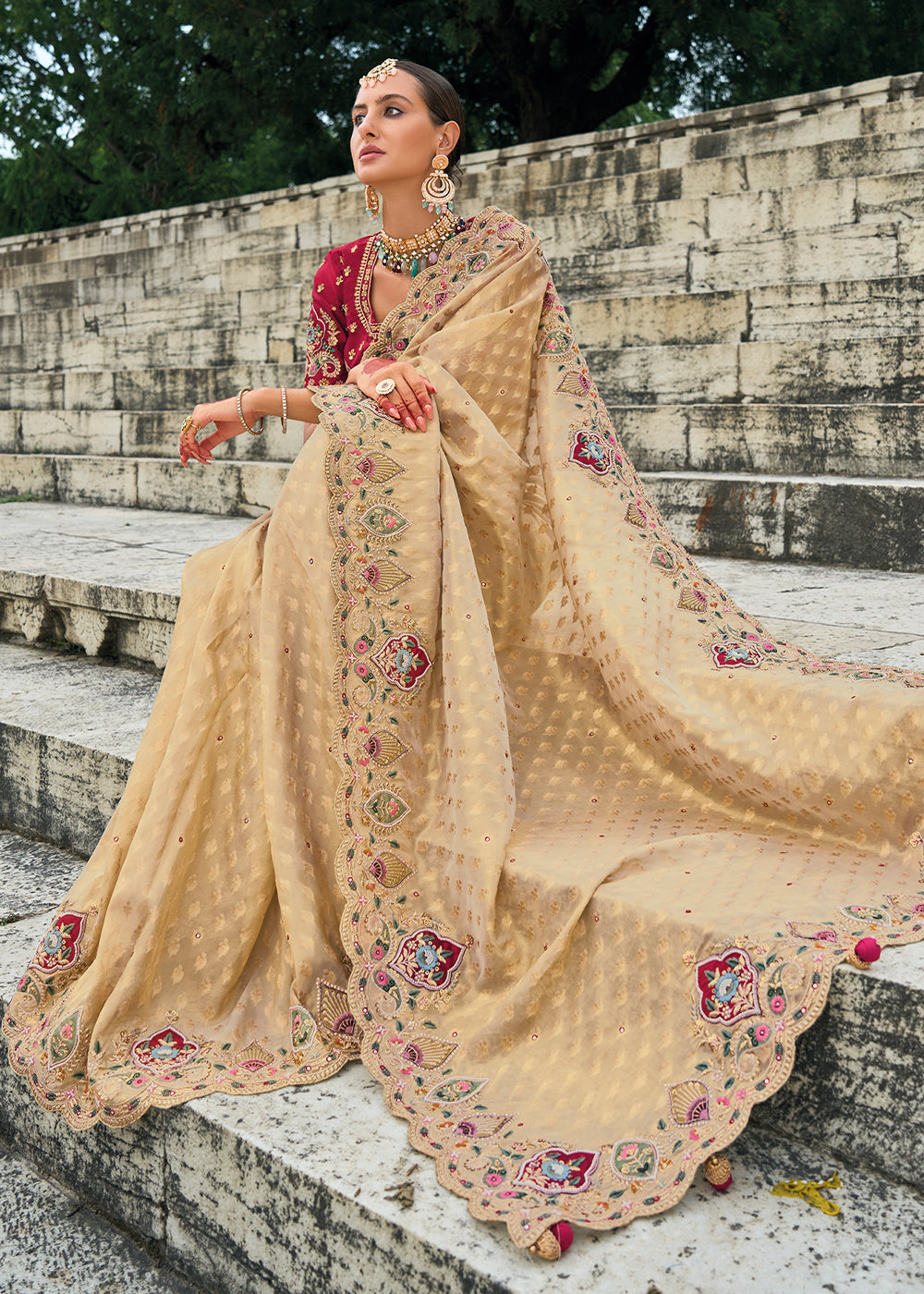 Light Chiku Brown kanjivaram Silk Saree with Intricate Zari,Thread,Cut-Dana, Moti and Zarkan Embellishments