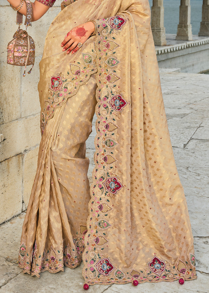 Light Chiku Brown kanjivaram Silk Saree with Intricate Zari,Thread,Cut-Dana, Moti and Zarkan Embellishments