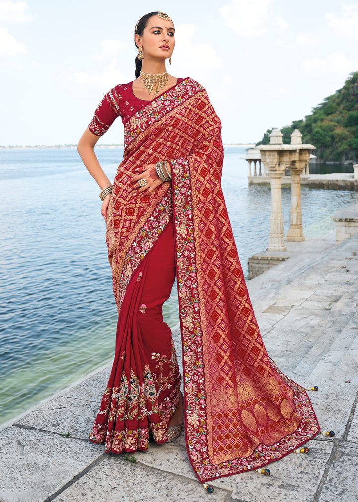 Scarlet Red Bandhej Dola Silk Saree with Intricate Zari,Thread, Moti and Mirror Embellishments