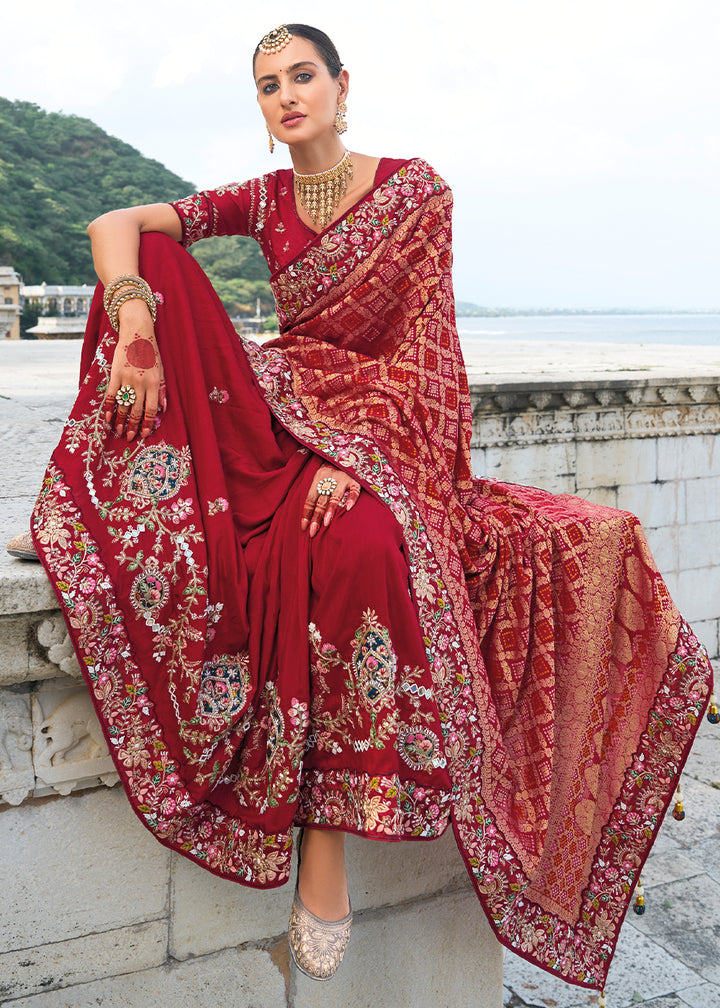 Scarlet Red Bandhej Dola Silk Saree with Intricate Zari,Thread, Moti and Mirror Embellishments