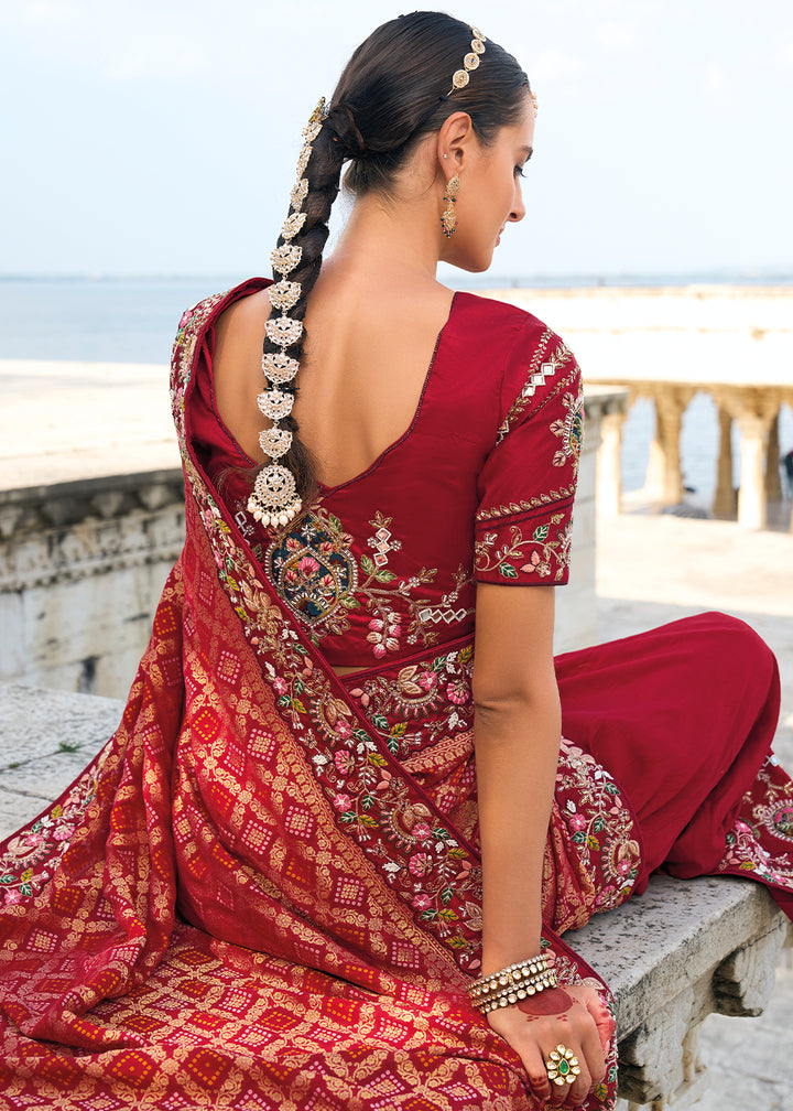 Scarlet Red Bandhej Dola Silk Saree with Intricate Zari,Thread, Moti and Mirror Embellishments