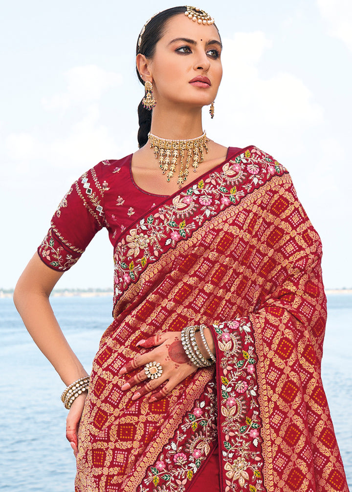 Scarlet Red Bandhej Dola Silk Saree with Intricate Zari,Thread, Moti and Mirror Embellishments