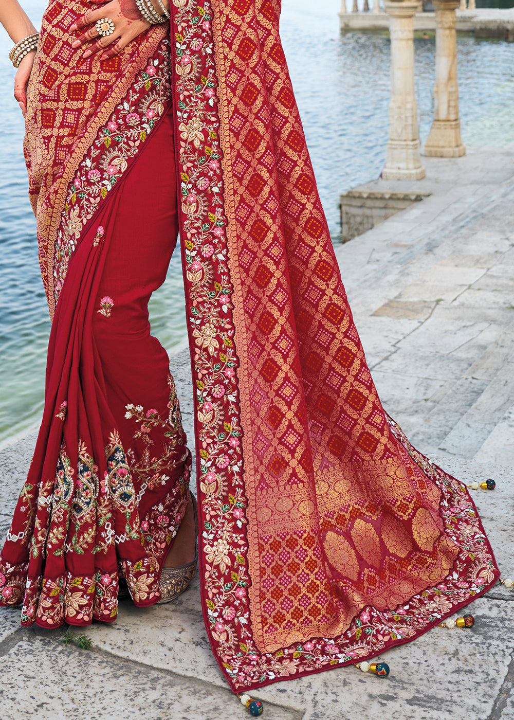 Scarlet Red Bandhej Dola Silk Saree with Intricate Zari,Thread, Moti and Mirror Embellishments