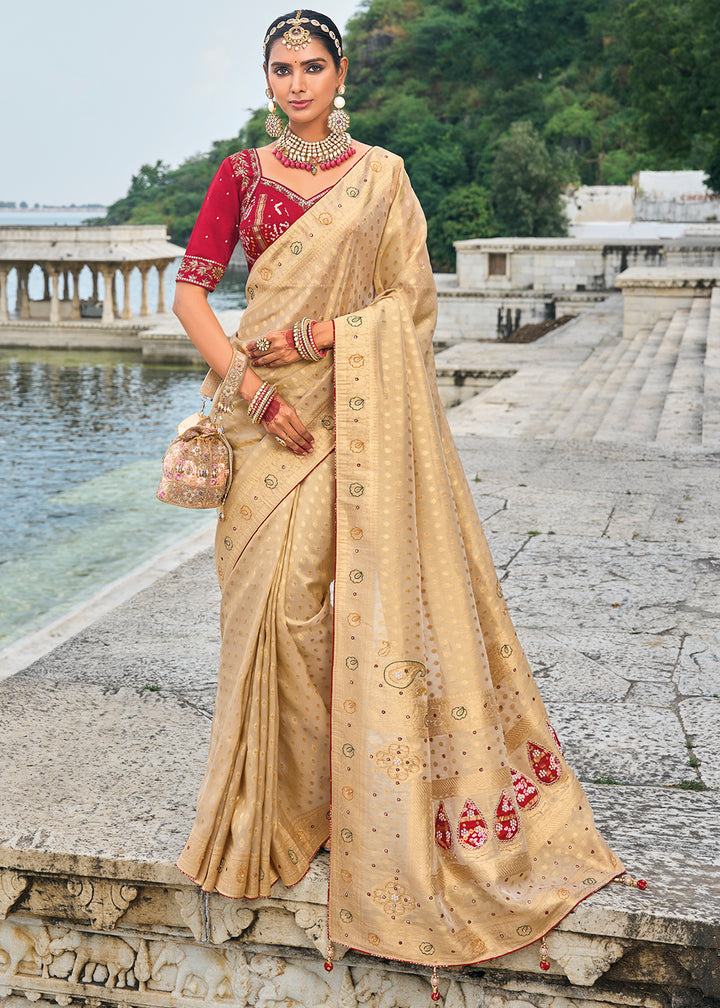 Desert Sand Brown kanjivaram Silk Saree with Intricate Cut-Dana, Moti and Zardosi Embellishments