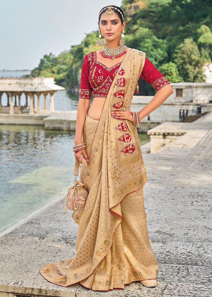 Desert Sand Brown kanjivaram Silk Saree with Intricate Cut-Dana, Moti and Zardosi Embellishments