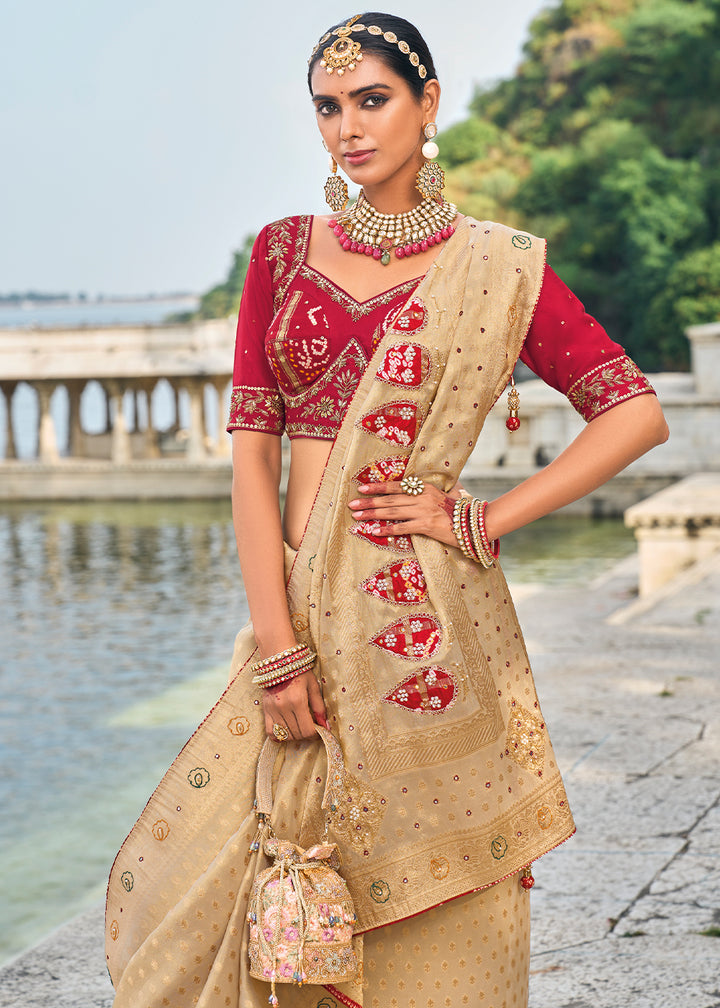 Desert Sand Brown kanjivaram Silk Saree with Intricate Cut-Dana, Moti and Zardosi Embellishments