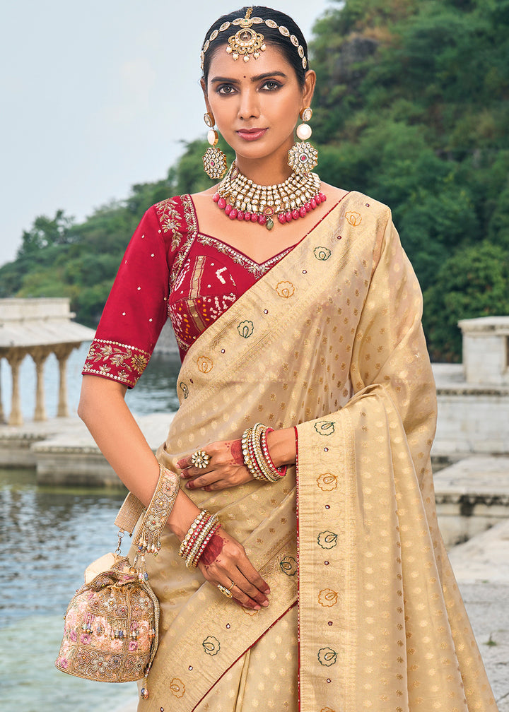 Desert Sand Brown kanjivaram Silk Saree with Intricate Cut-Dana, Moti and Zardosi Embellishments