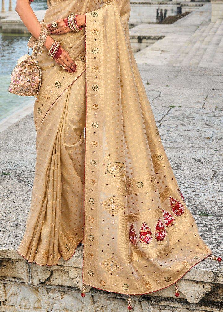 Desert Sand Brown kanjivaram Silk Saree with Intricate Cut-Dana, Moti and Zardosi Embellishments