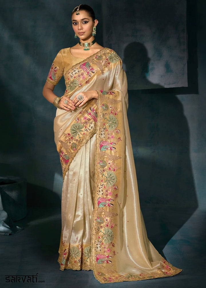 Cream White Banarasi Silk Saree with Jari, Thread, Cut Dana & Moti Work