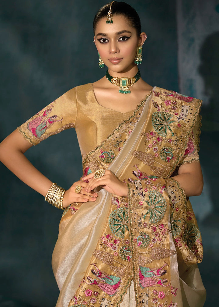 Cream White Banarasi Silk Saree with Jari, Thread, Cut Dana & Moti Work