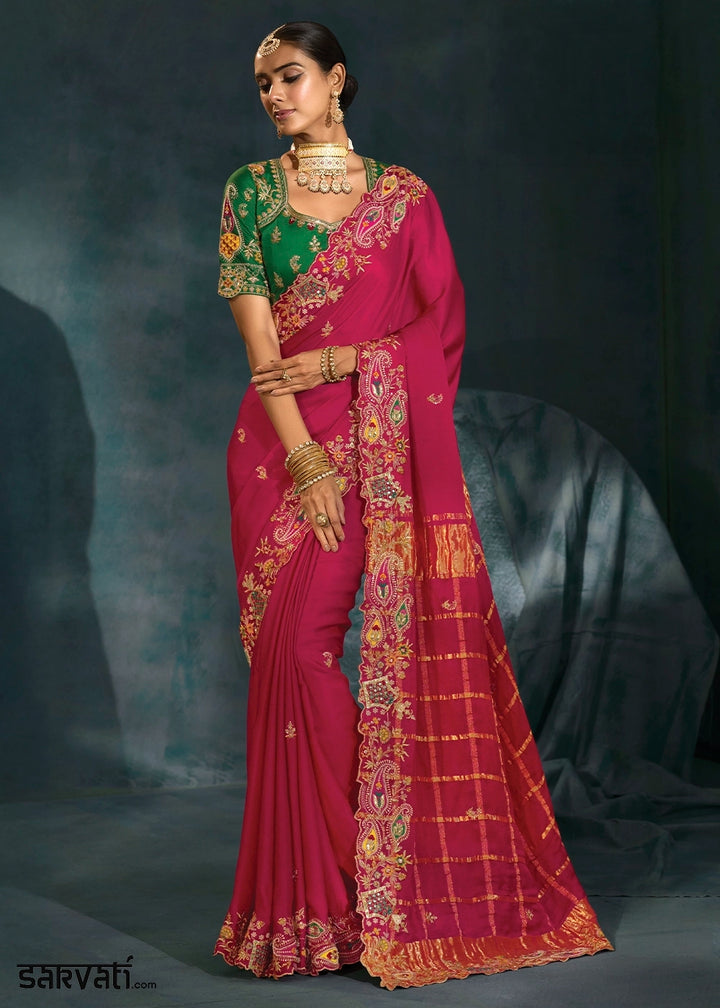 Ruby Pink Banarasi Silk Saree with Jari, Thread, Cut Dana & Moti Work