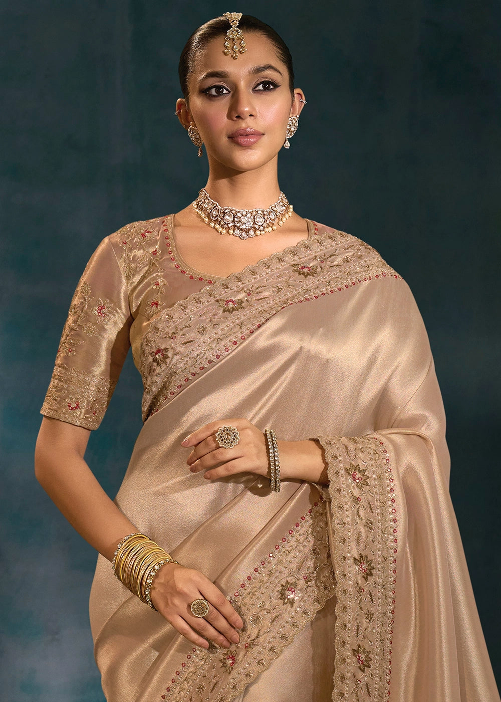 Shades Of Brown Banarasi Silk Saree with Zardosi,Cut-Dana, Mirror & Moti Work