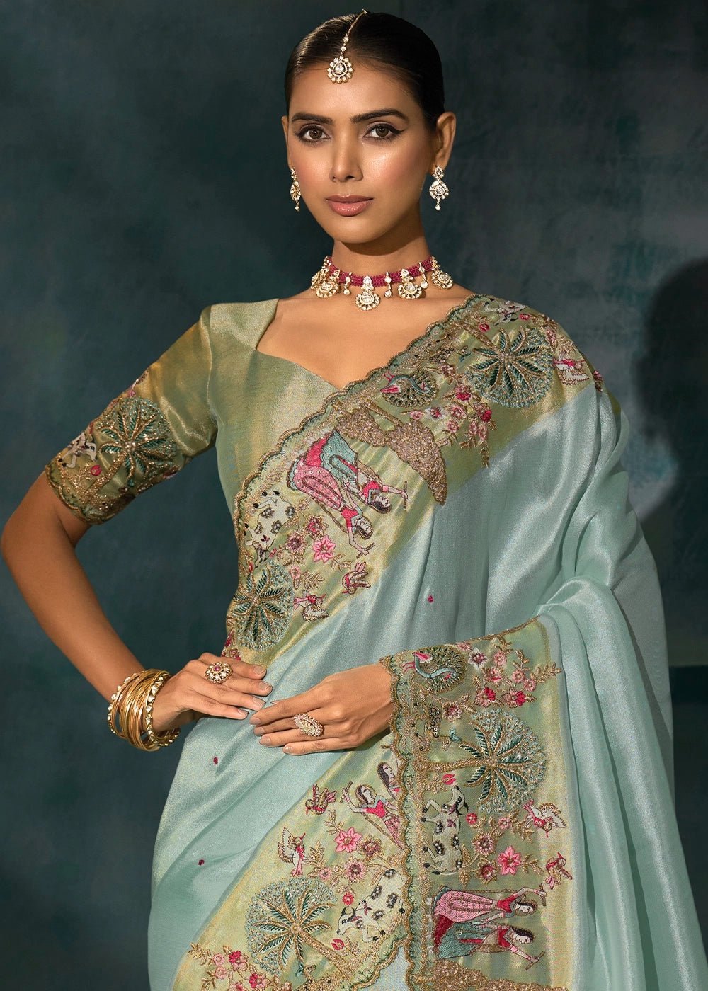 Coral Blue Banarasi Silk Saree with Jari, Thread, Mirror & Moti Work