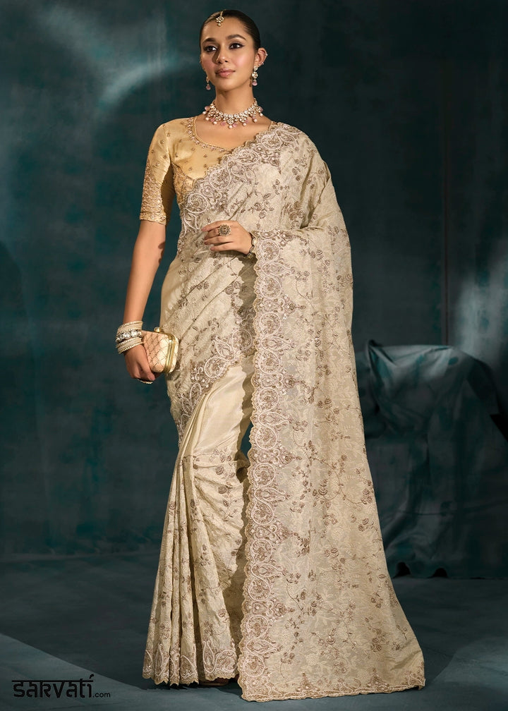 Beige Brown Banarasi Silk Saree with Lucknowi,Cut-Dana & Moti Work