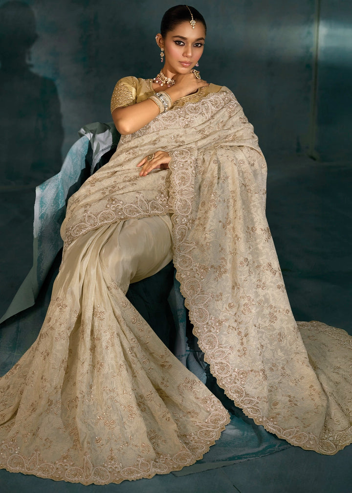 Beige Brown Banarasi Silk Saree with Lucknowi,Cut-Dana & Moti Work