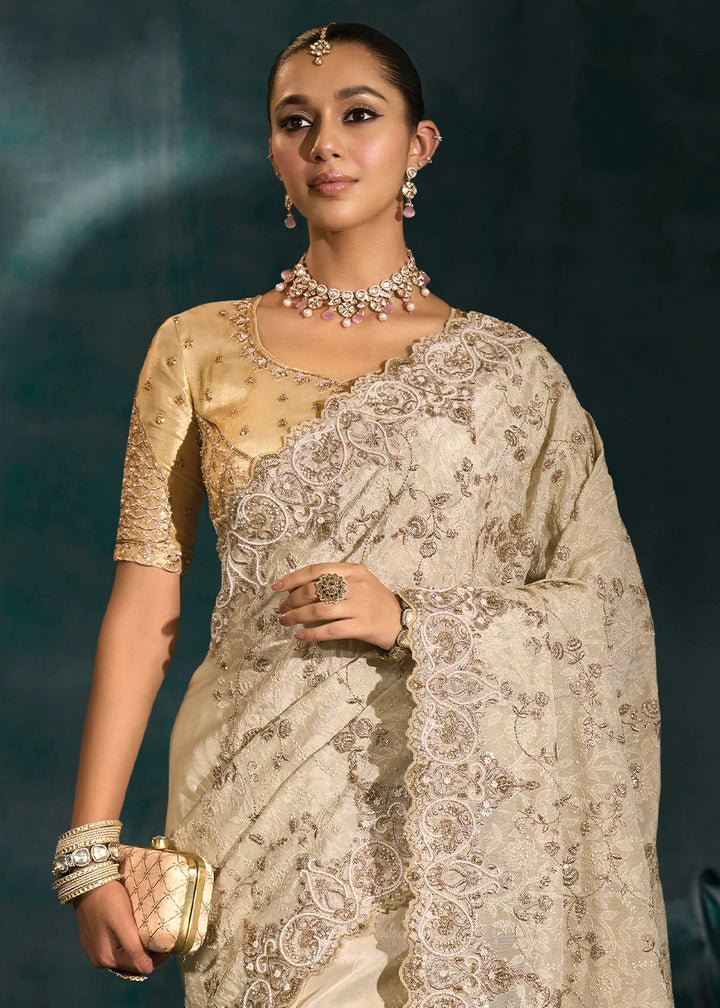 Beige Brown Banarasi Silk Saree with Lucknowi,Cut-Dana & Moti Work