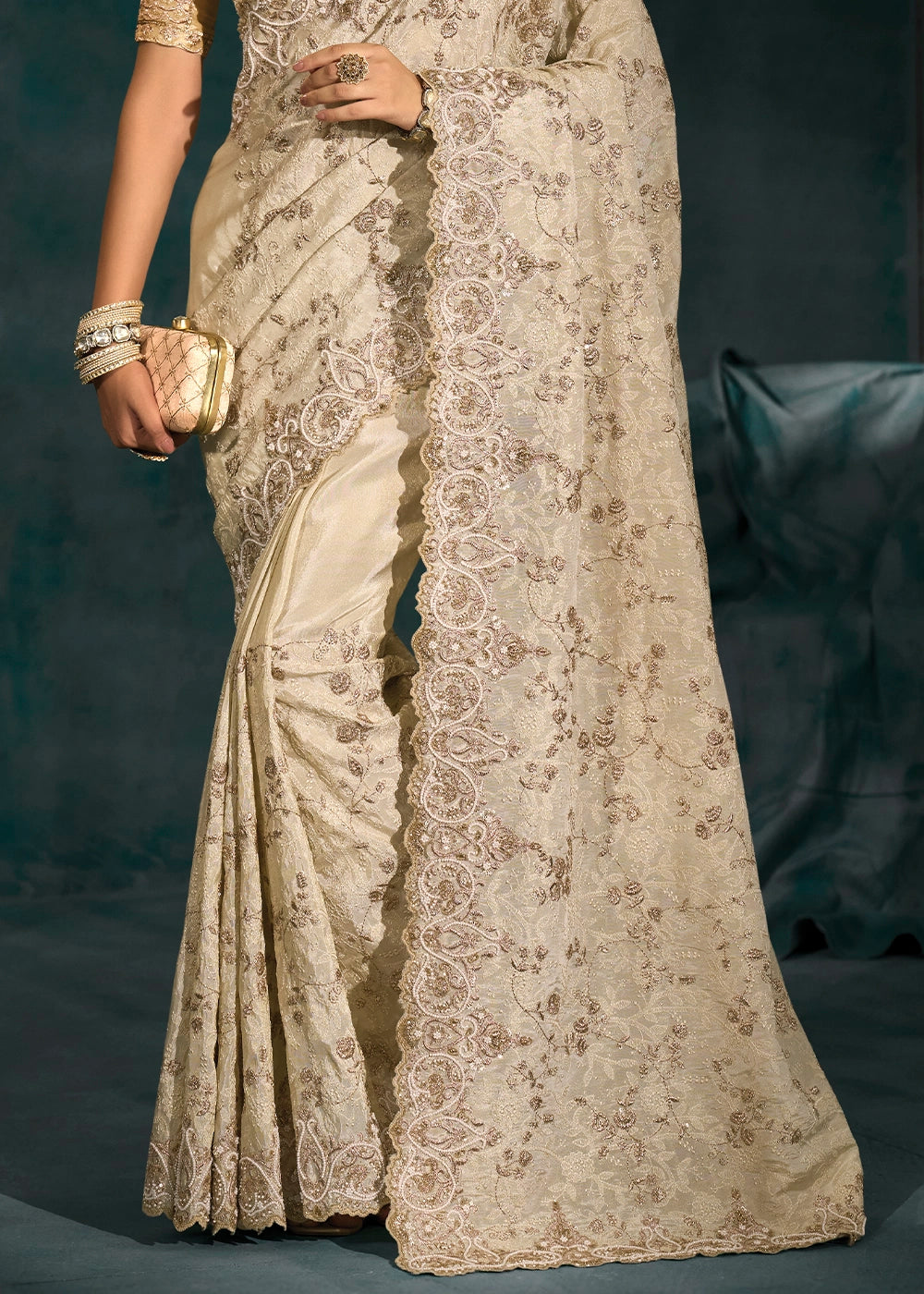 Beige Brown Banarasi Silk Saree with Lucknowi,Cut-Dana & Moti Work