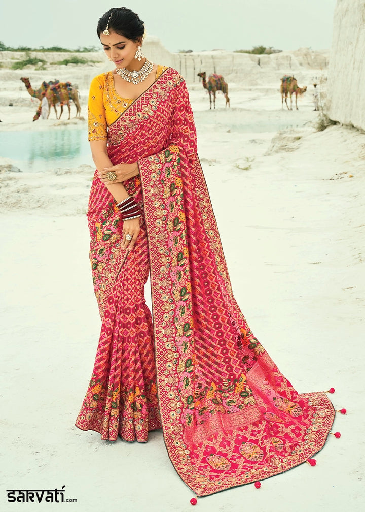 Pink & Red Bandhej Saree with Moti & Cut Dana Handwork: Navratri Edit