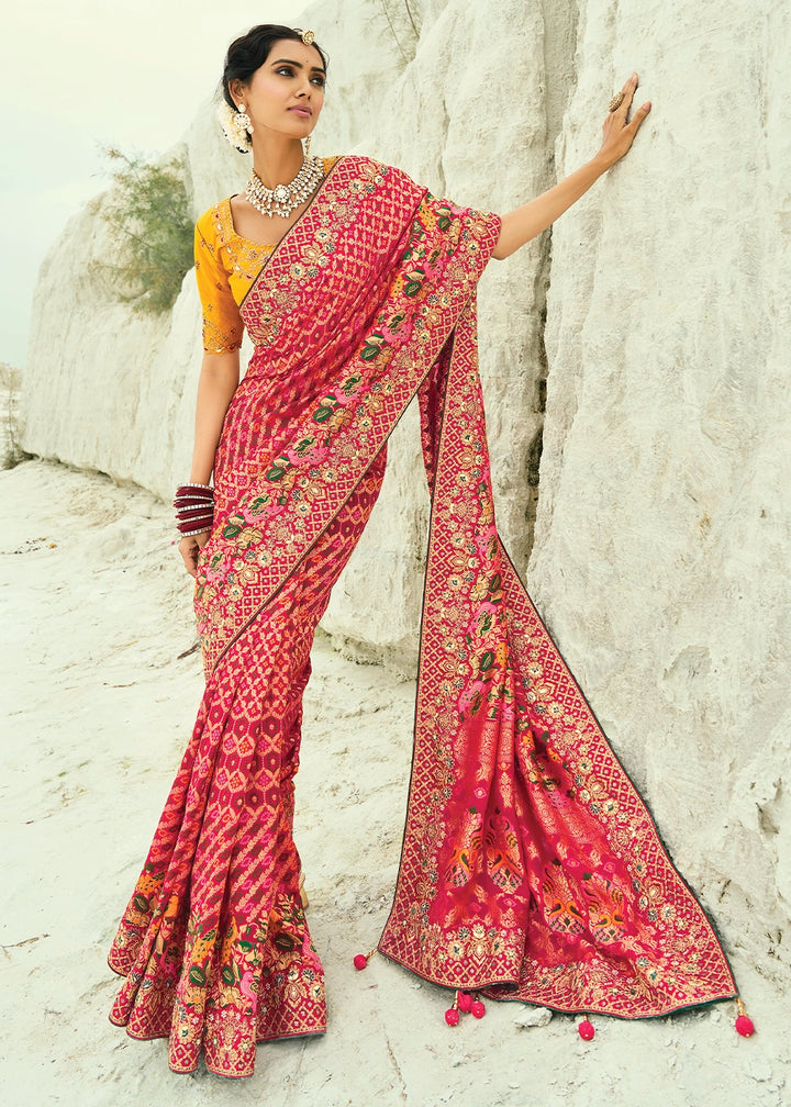 Pink & Red Bandhej Saree with Moti & Cut Dana Handwork: Navratri Edit