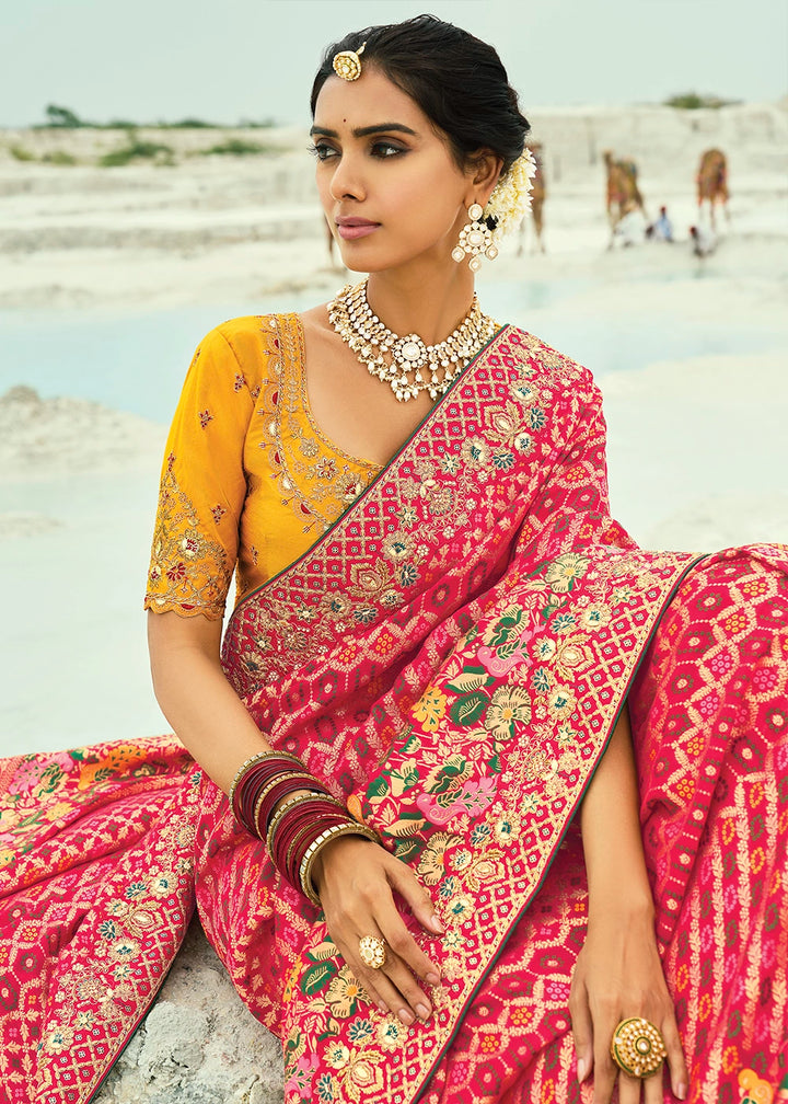 Pink & Red Bandhej Saree with Moti & Cut Dana Handwork: Navratri Edit