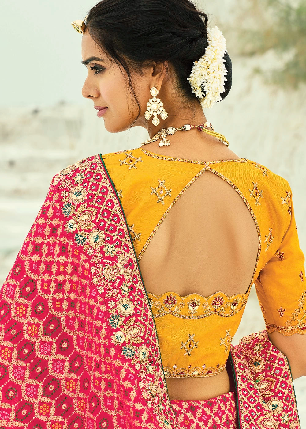 Pink & Red Bandhej Saree with Moti & Cut Dana Handwork: Navratri Edit