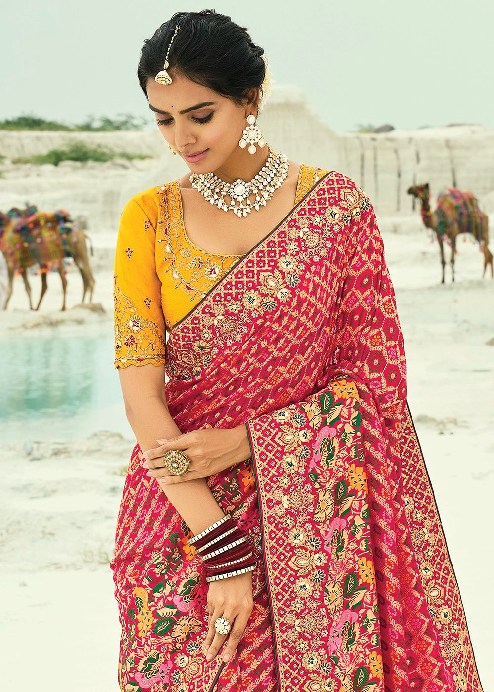 Pink & Red Bandhej Saree with Moti & Cut Dana Handwork: Navratri Edit