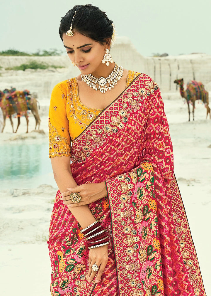 Pink & Red Bandhej Saree with Moti & Cut Dana Handwork: Navratri Edit