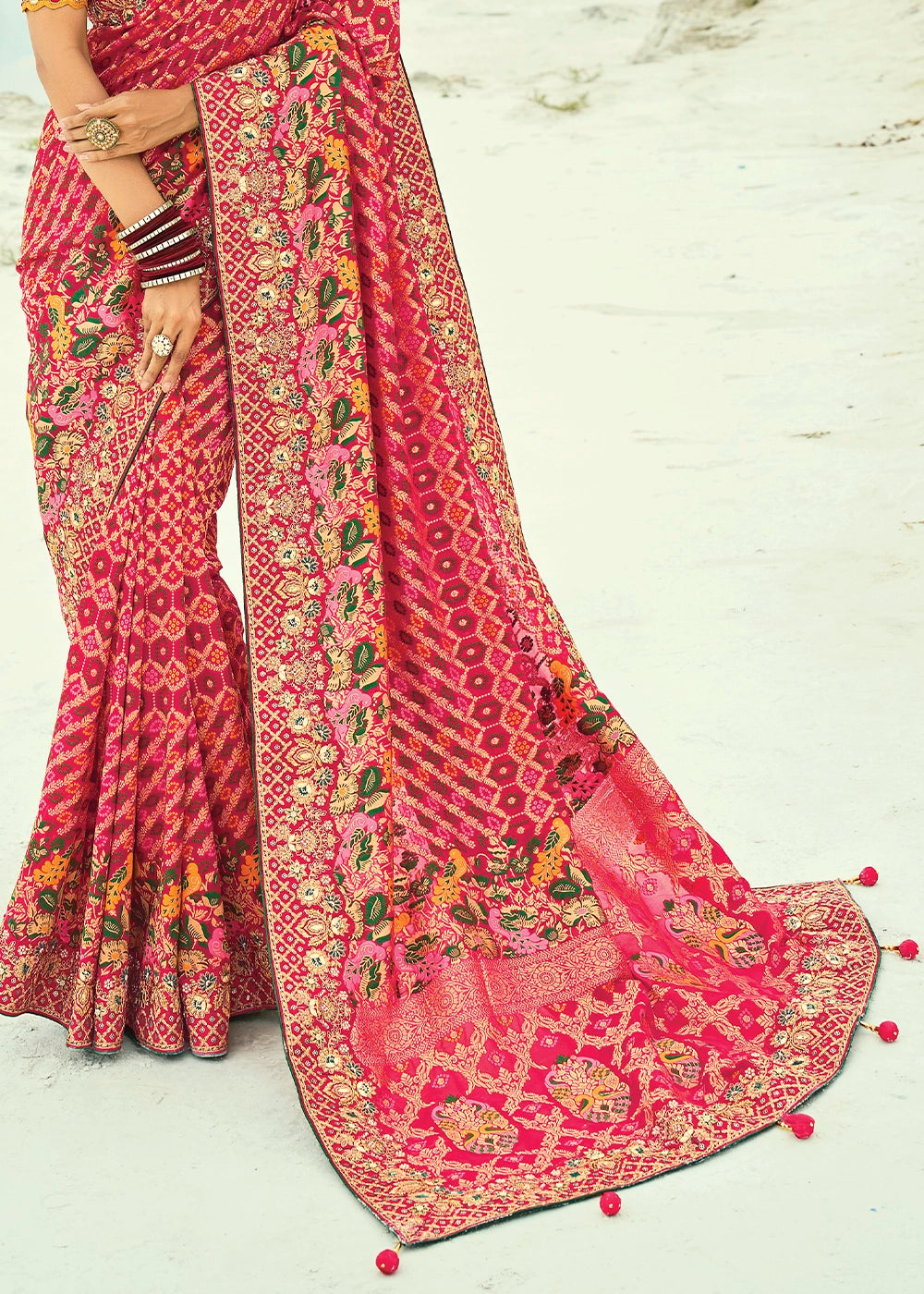 Pink & Red Bandhej Saree with Moti & Cut Dana Handwork: Navratri Edit