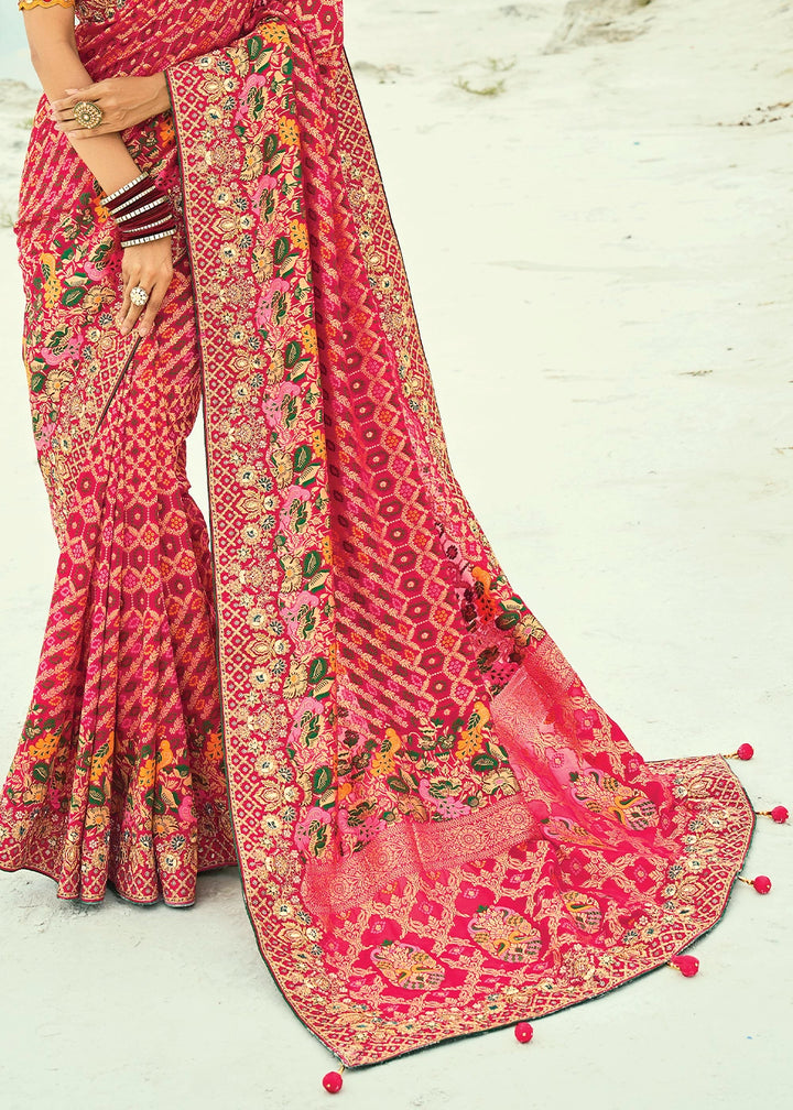 Pink & Red Bandhej Saree with Moti & Cut Dana Handwork: Navratri Edit