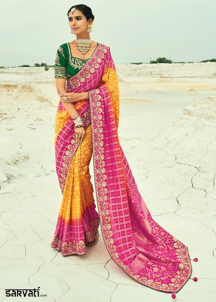 Pink & Yellow Bandhej Saree with Moti & Cut Dana Handwork: Navratri Edit