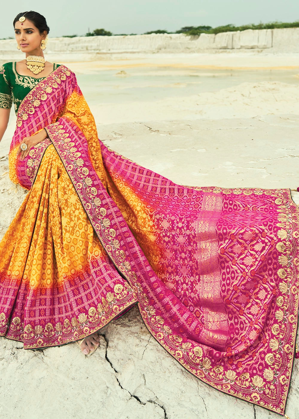 Pink & Yellow Bandhej Saree with Moti & Cut Dana Handwork: Navratri Edit