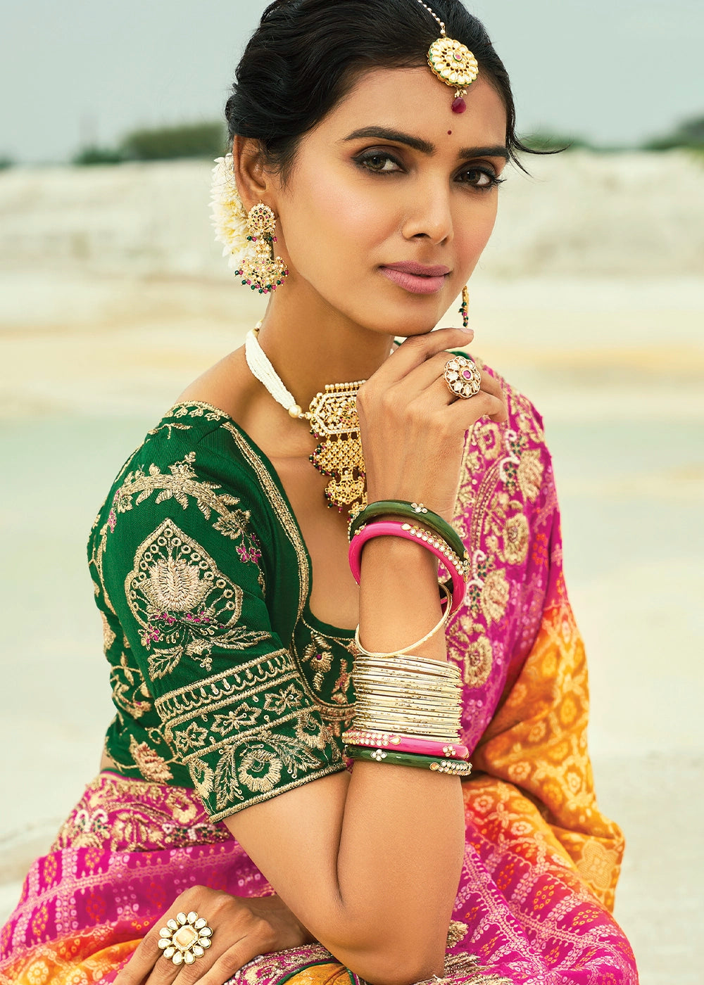 Pink & Yellow Bandhej Saree with Moti & Cut Dana Handwork: Navratri Edit