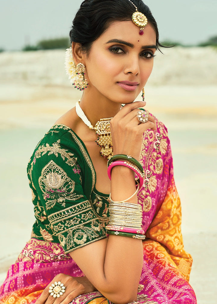 Pink & Yellow Bandhej Saree with Moti & Cut Dana Handwork: Navratri Edit
