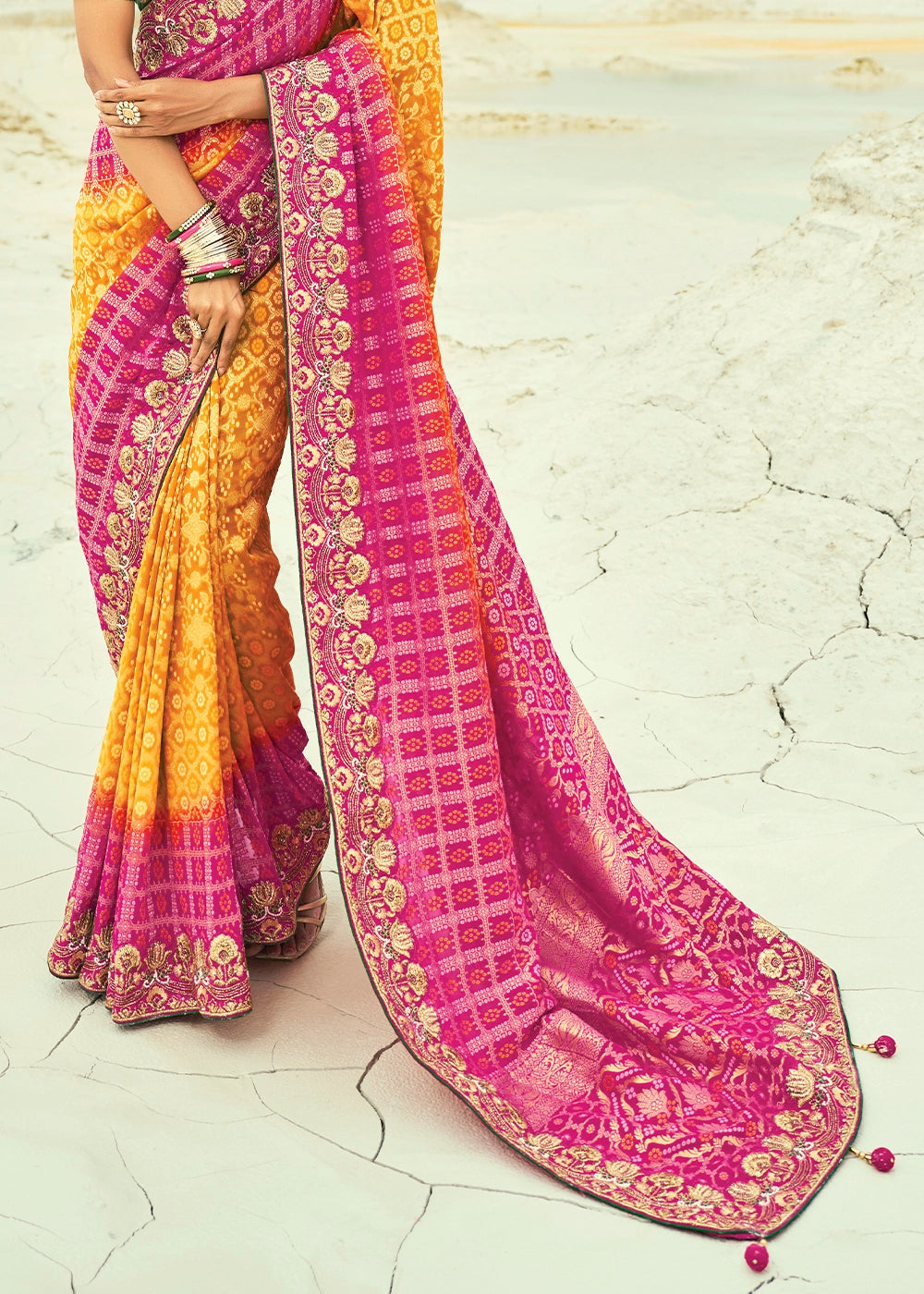 Pink & Yellow Bandhej Saree with Moti & Cut Dana Handwork: Navratri Edit