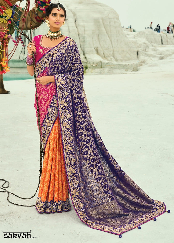 Orange & Blue Bandhej Saree with Moti & Cut Dana Handwork: Navratri Edit