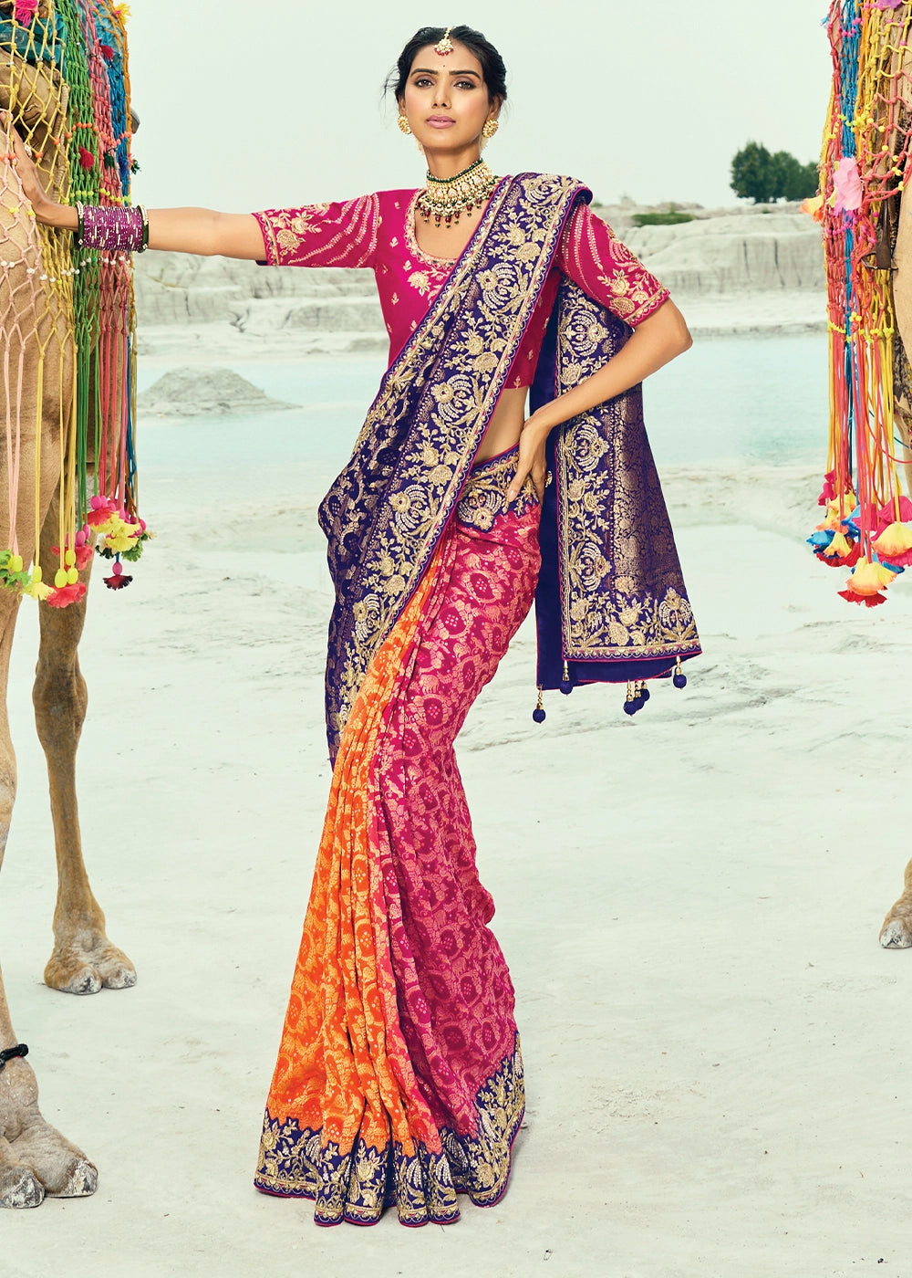 Orange & Blue Bandhej Saree with Moti & Cut Dana Handwork: Navratri Edit