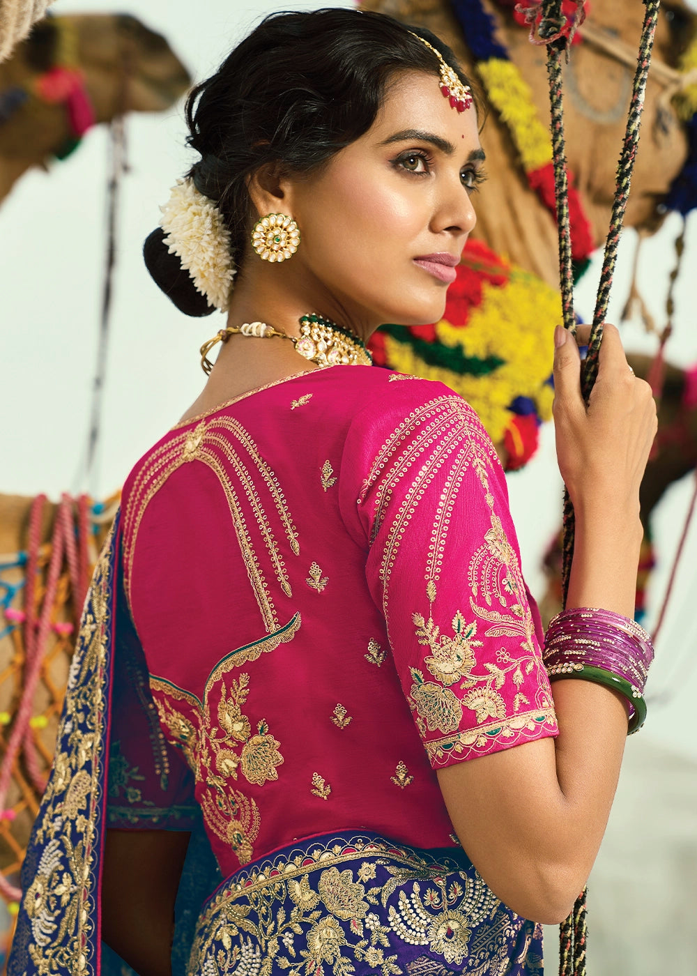 Orange & Blue Bandhej Saree with Moti & Cut Dana Handwork: Navratri Edit