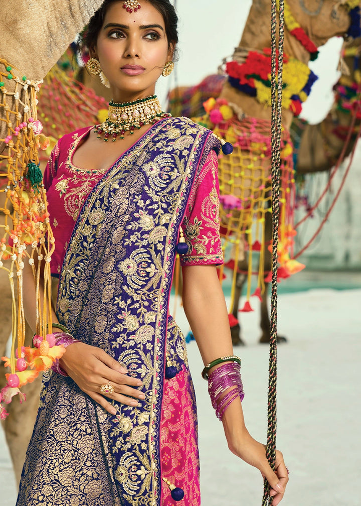 Orange & Blue Bandhej Saree with Moti & Cut Dana Handwork: Navratri Edit