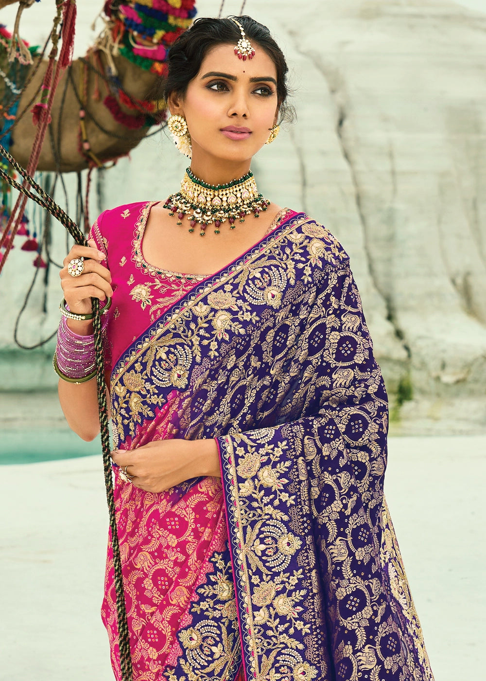 Orange & Blue Bandhej Saree with Moti & Cut Dana Handwork: Navratri Edit