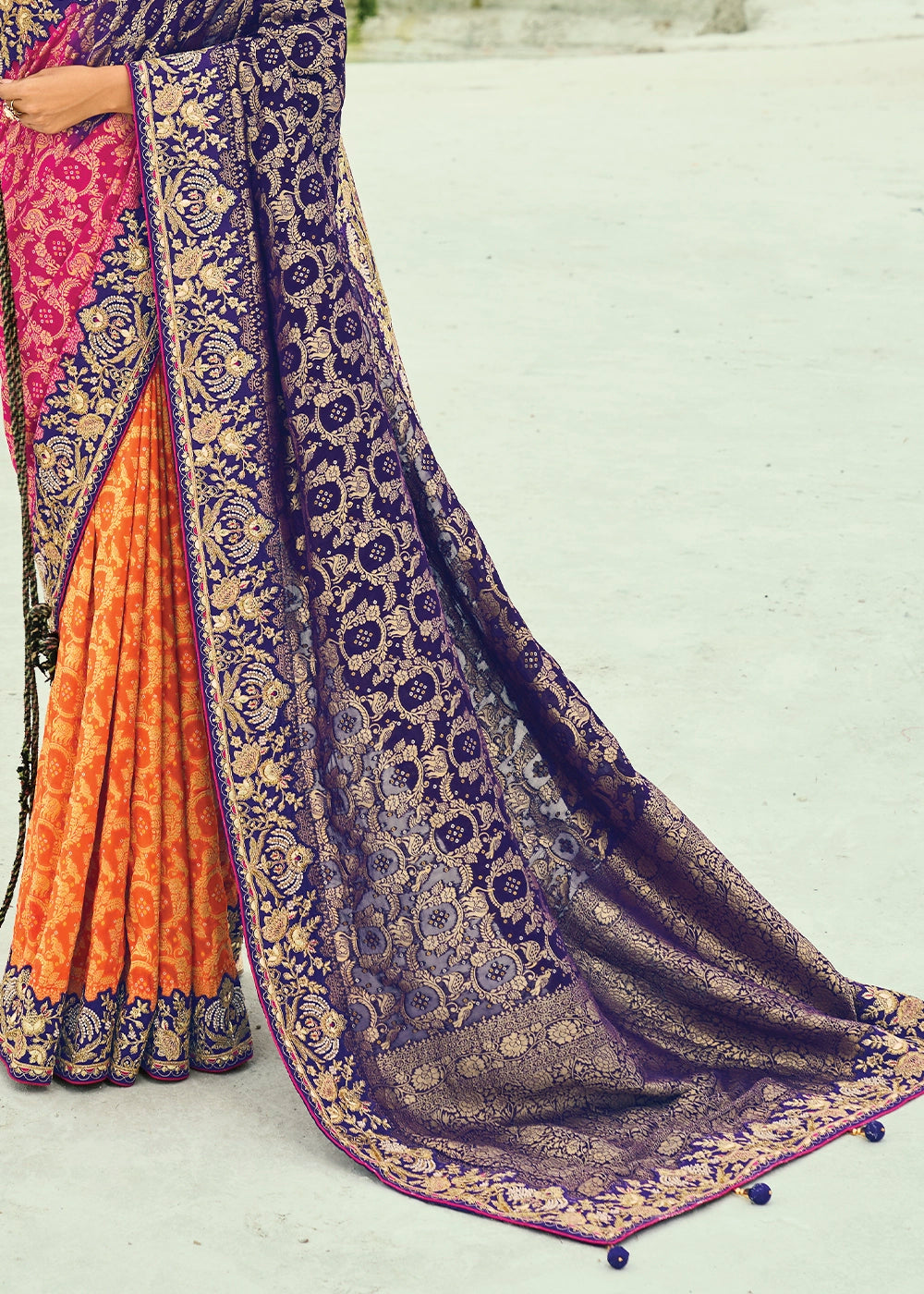 Orange & Blue Bandhej Saree with Moti & Cut Dana Handwork: Navratri Edit