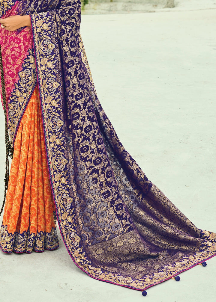 Orange & Blue Bandhej Saree with Moti & Cut Dana Handwork: Navratri Edit